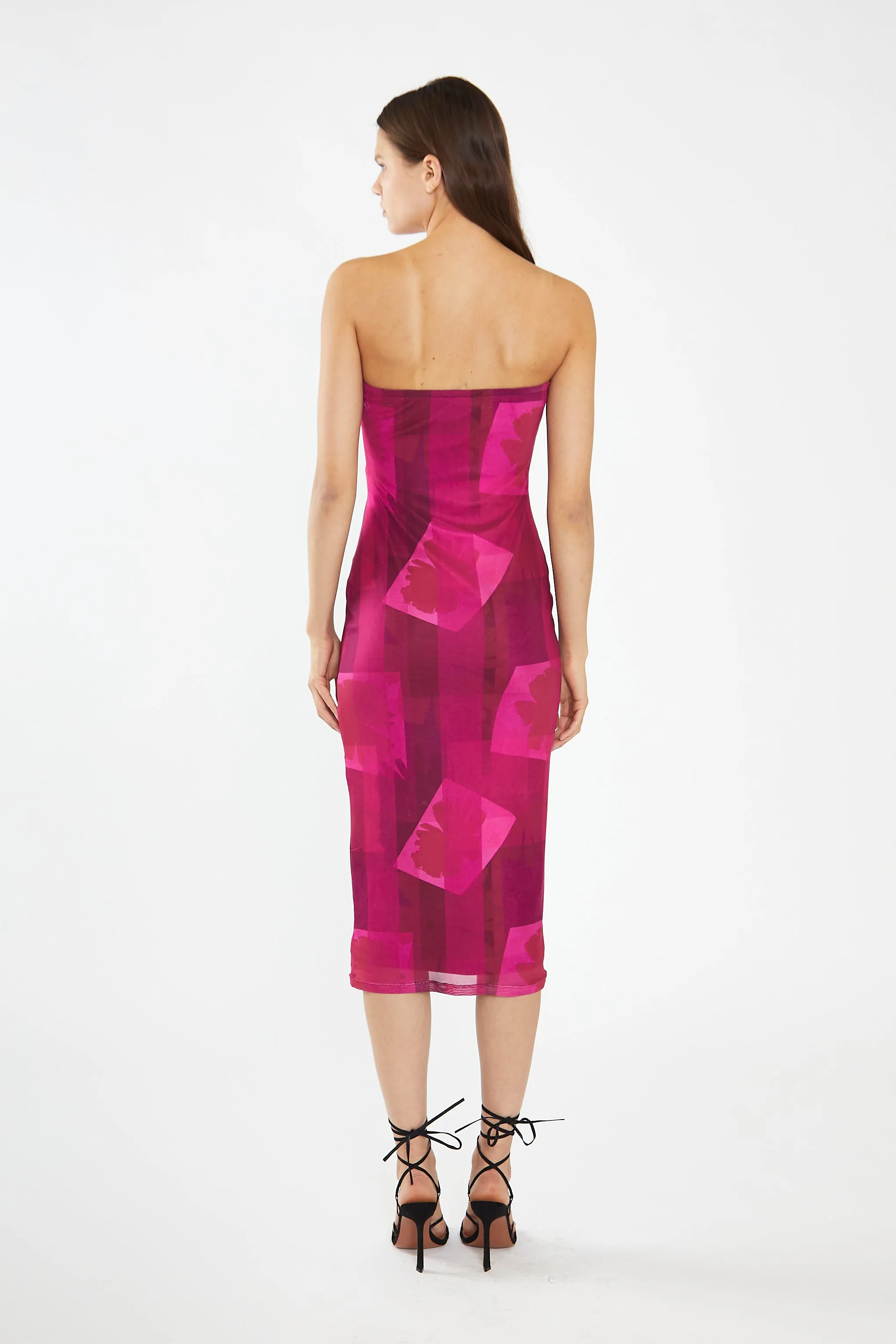 Pink-Block Mesh Bandeau Bodycon Midaxi-Dress