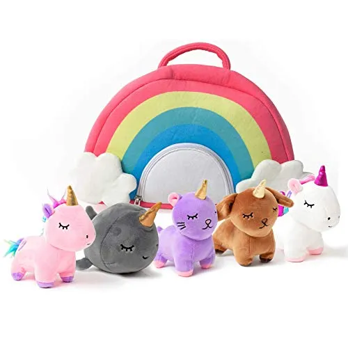 Pixie Crush Unicorn Toys Stuffed Animal Gift Plush Set With Rainbow Case 5 Piece