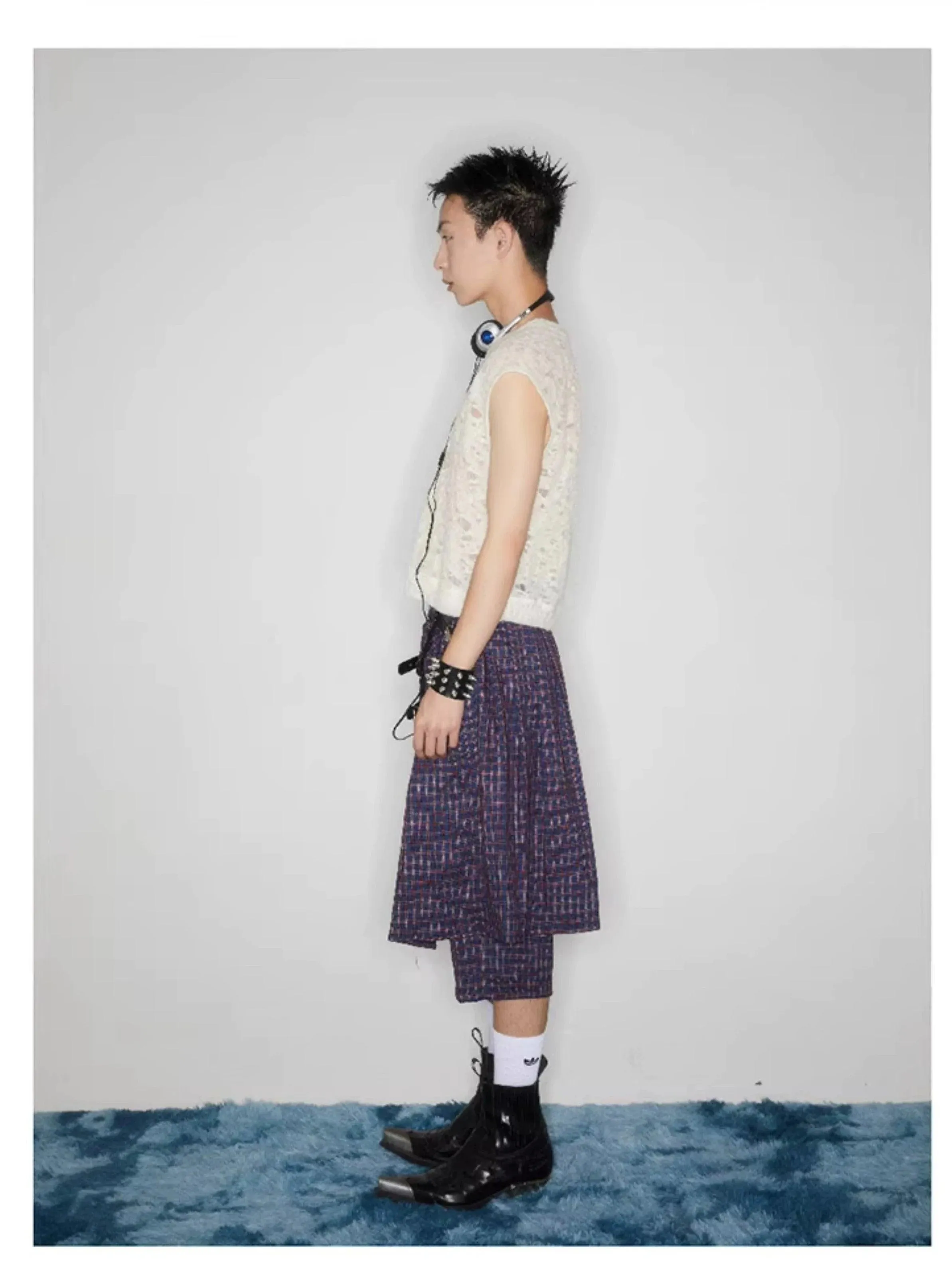 Plaid Buckle-Front Layered Unisex Skort