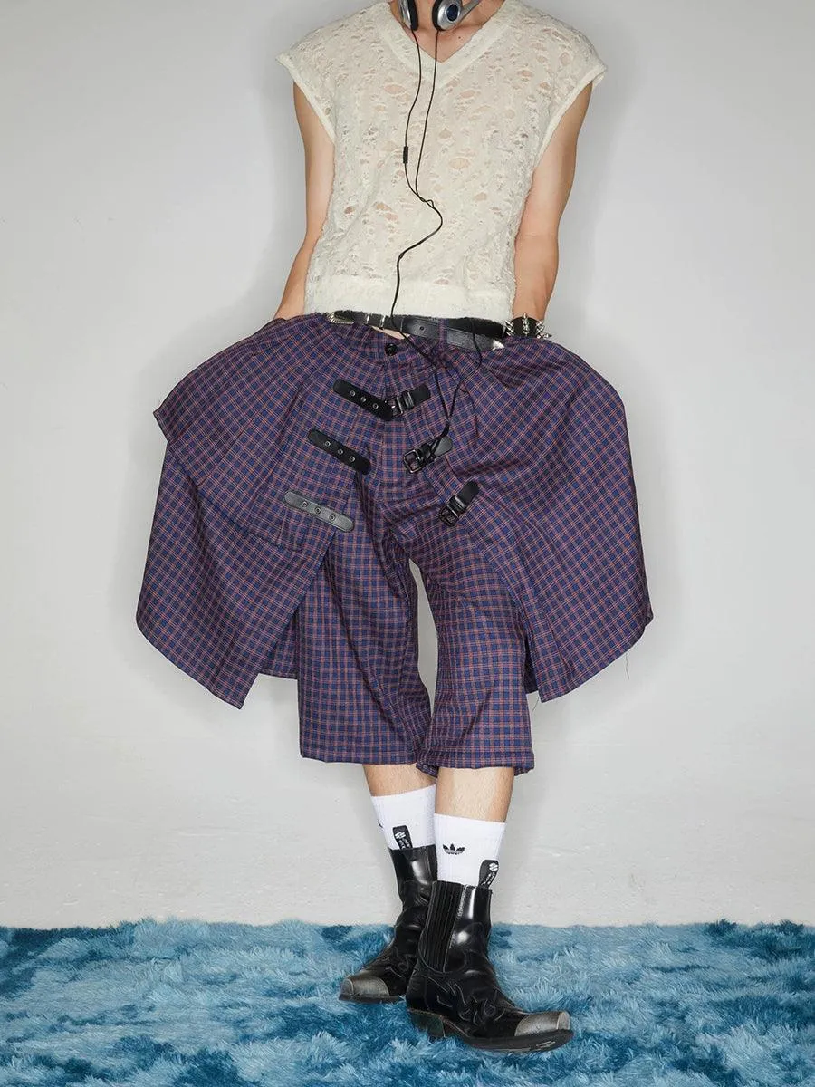 Plaid Buckle-Front Layered Unisex Skort