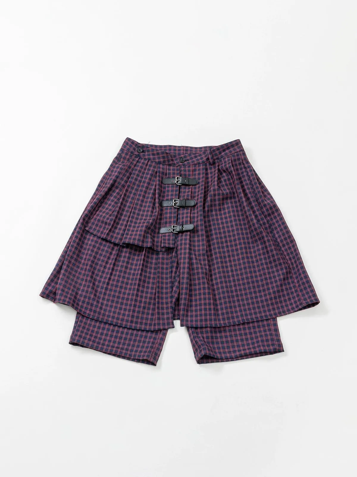 Plaid Buckle-Front Layered Unisex Skort