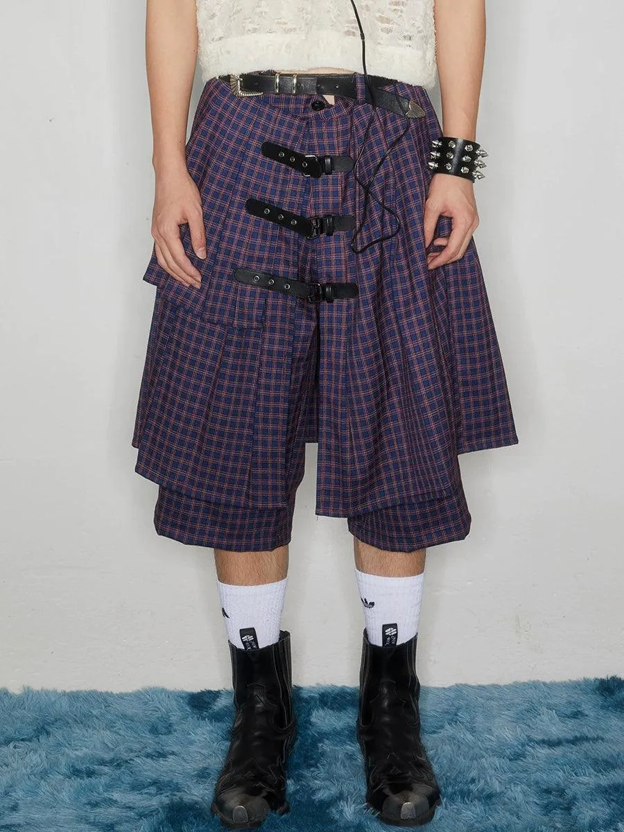 Plaid Buckle-Front Layered Unisex Skort