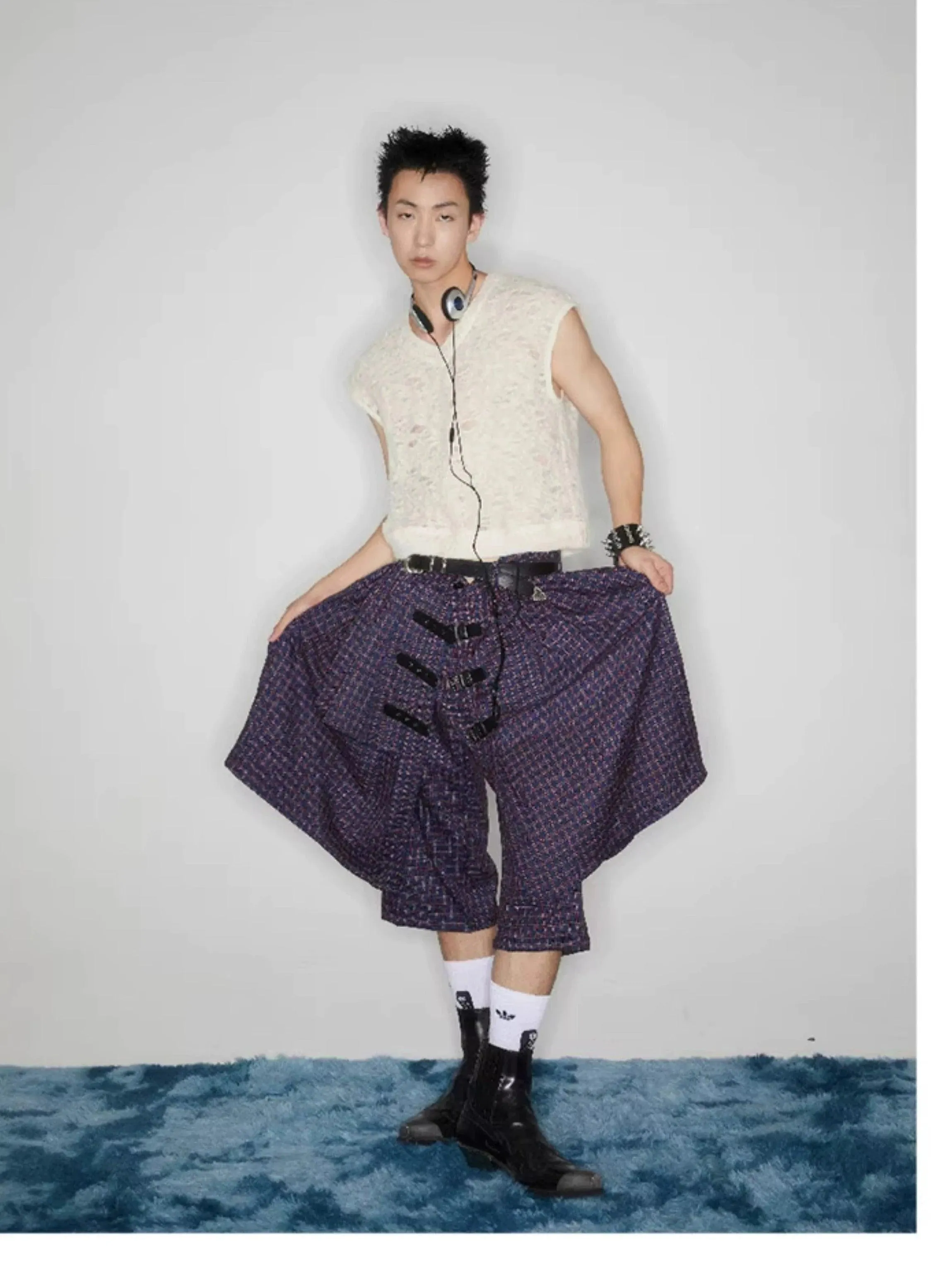 Plaid Buckle-Front Layered Unisex Skort