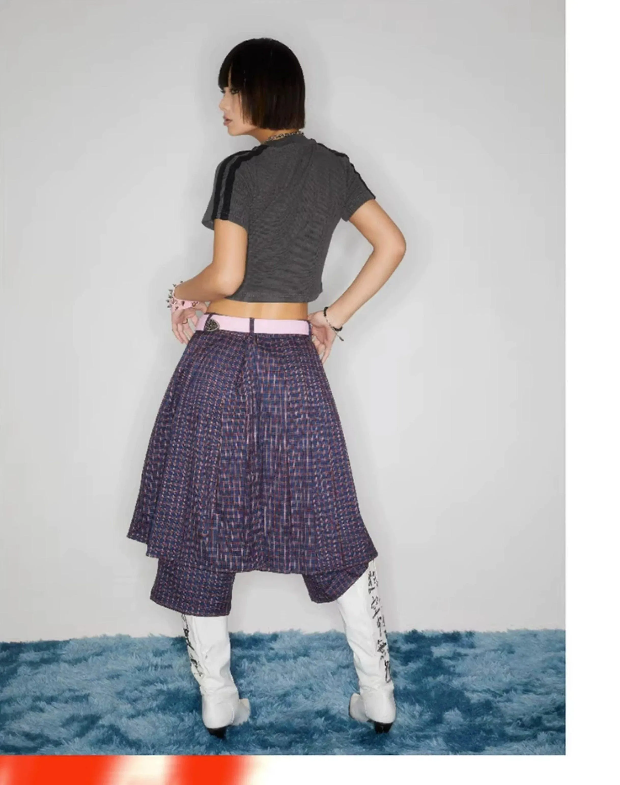 Plaid Buckle-Front Layered Unisex Skort