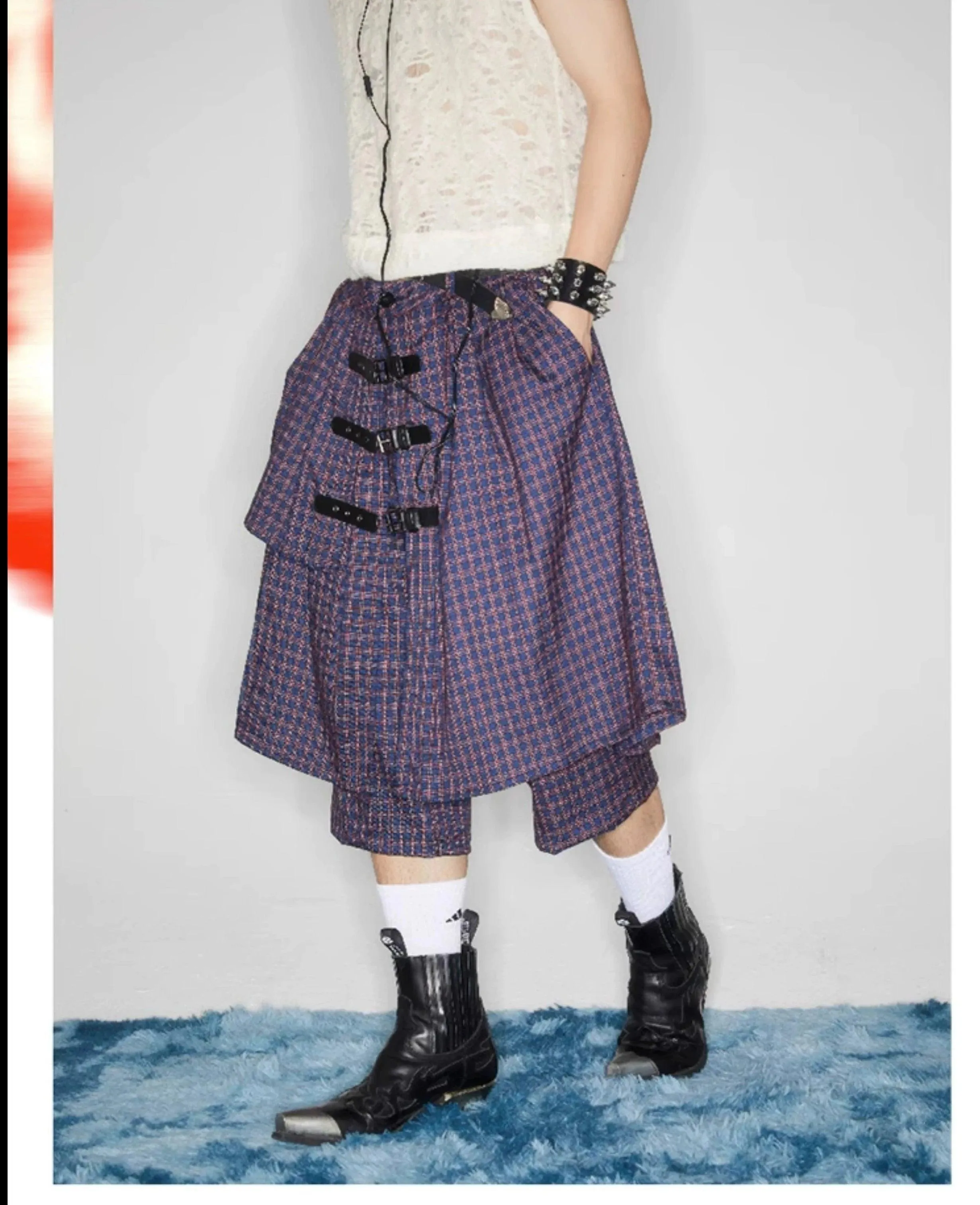 Plaid Buckle-Front Layered Unisex Skort