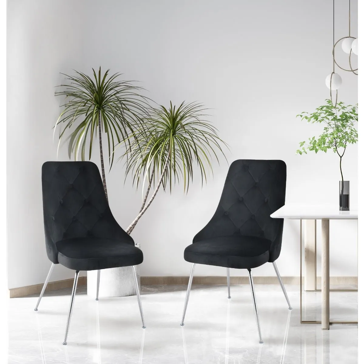 Plumeria Black Velvet Chair with Chrome Legs - Set of 2