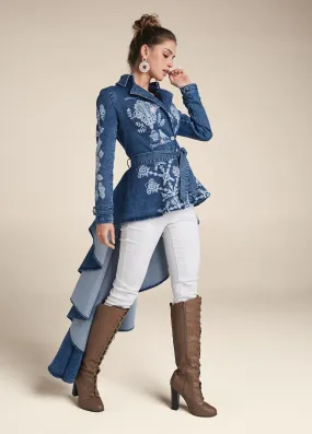 Printed High Low Denim Trench Coat - Indigo Blue