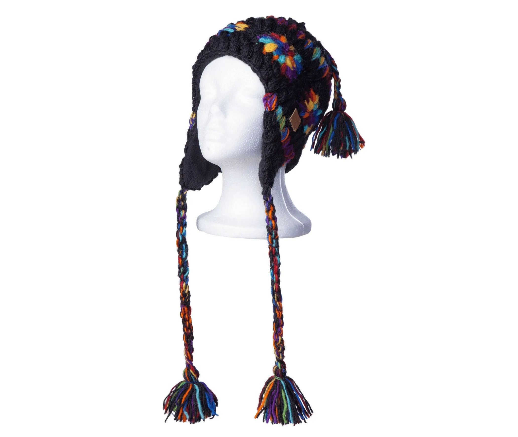 Rainbow Wool hat, Ear Flaps with Braided String, Cozy Fleece Lining, Black Pilot Hat