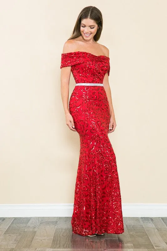 Red Shoulder Sheer Paisley Sequin Formal Dress