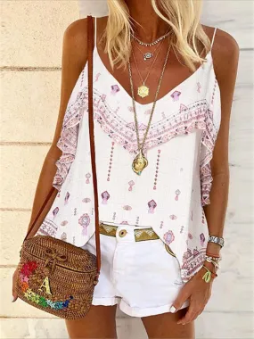 Romantic Idyllic Bohemian Loose Casual Floral Strap Top