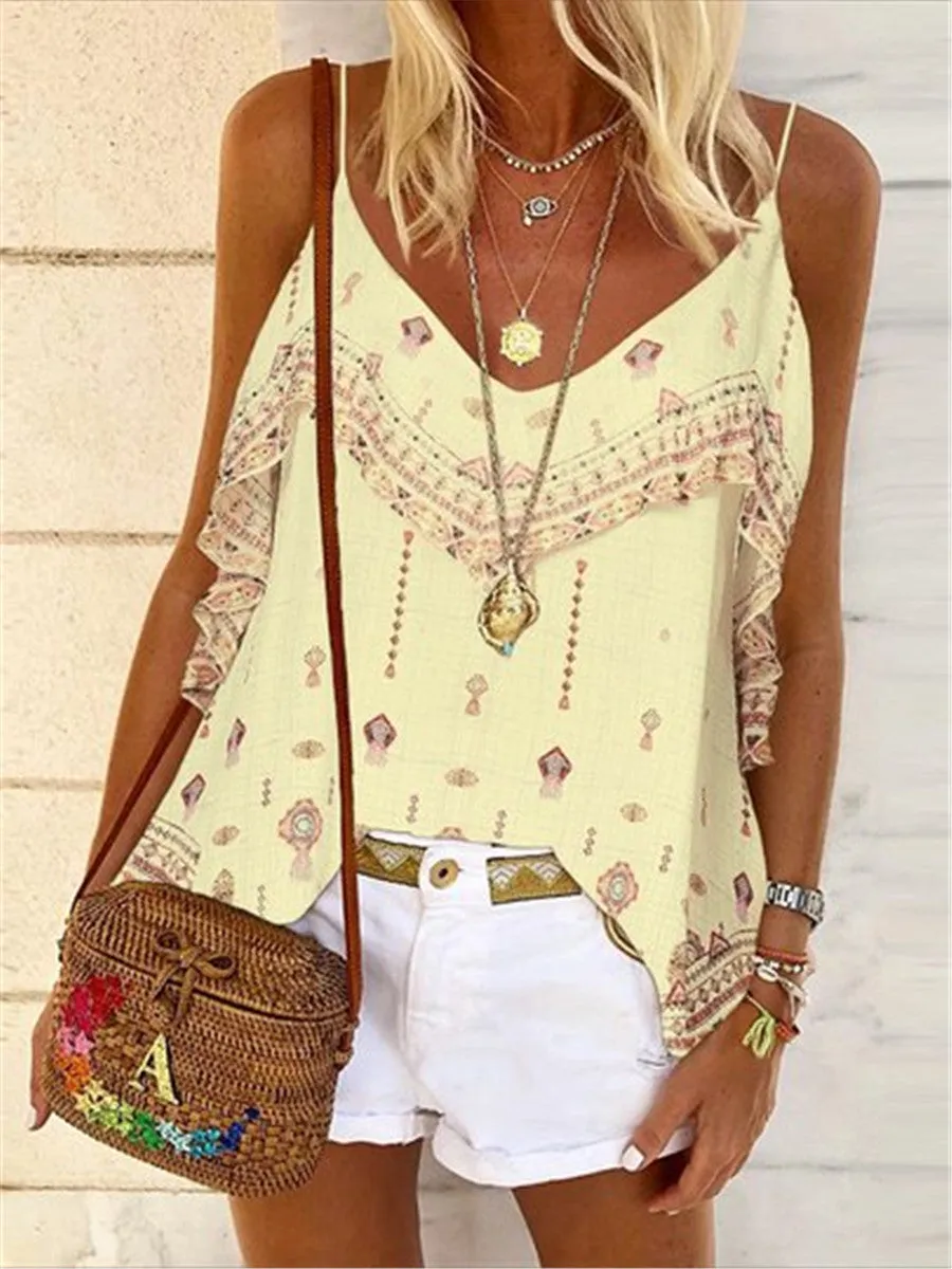 Romantic Idyllic Bohemian Loose Casual Floral Strap Top