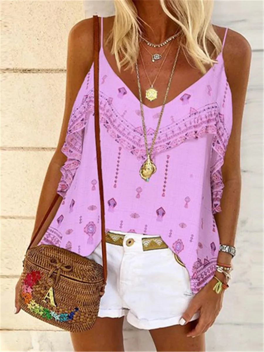 Romantic Idyllic Bohemian Loose Casual Floral Strap Top