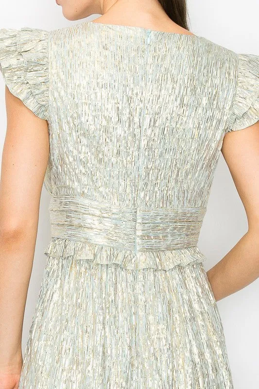 Sage Metallic Stripe Ruffled Sleeves Midi Dress