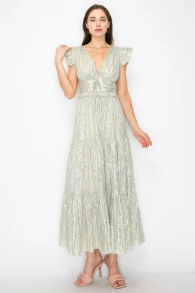 Sage Metallic Stripe Ruffled Sleeves Midi Dress