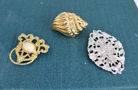 Set Of 3 1960s Scarf Clips Gold Silver Faux Pearl Filigree Shawl Clip Accessory Scarves