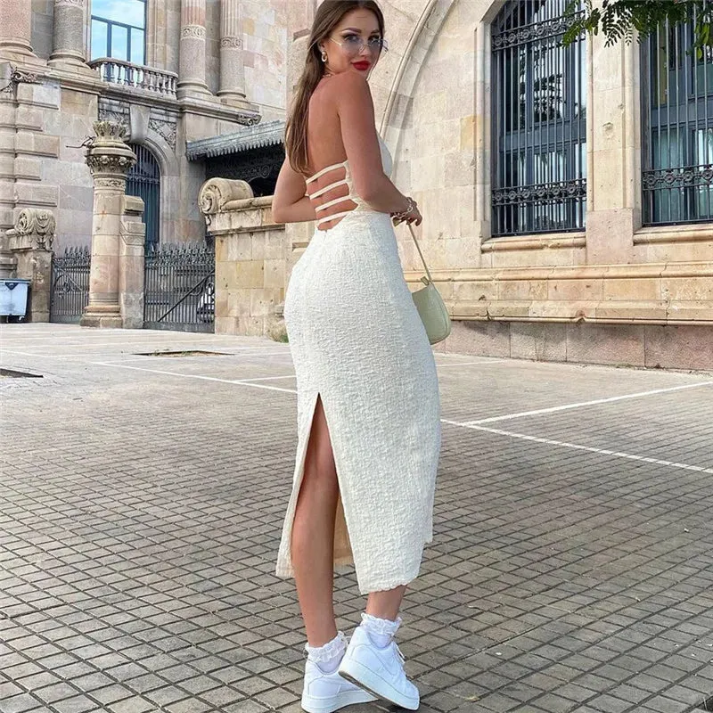 Sexy Backless Deep V-neck Hollow Hanging Neck Split Midi Dress