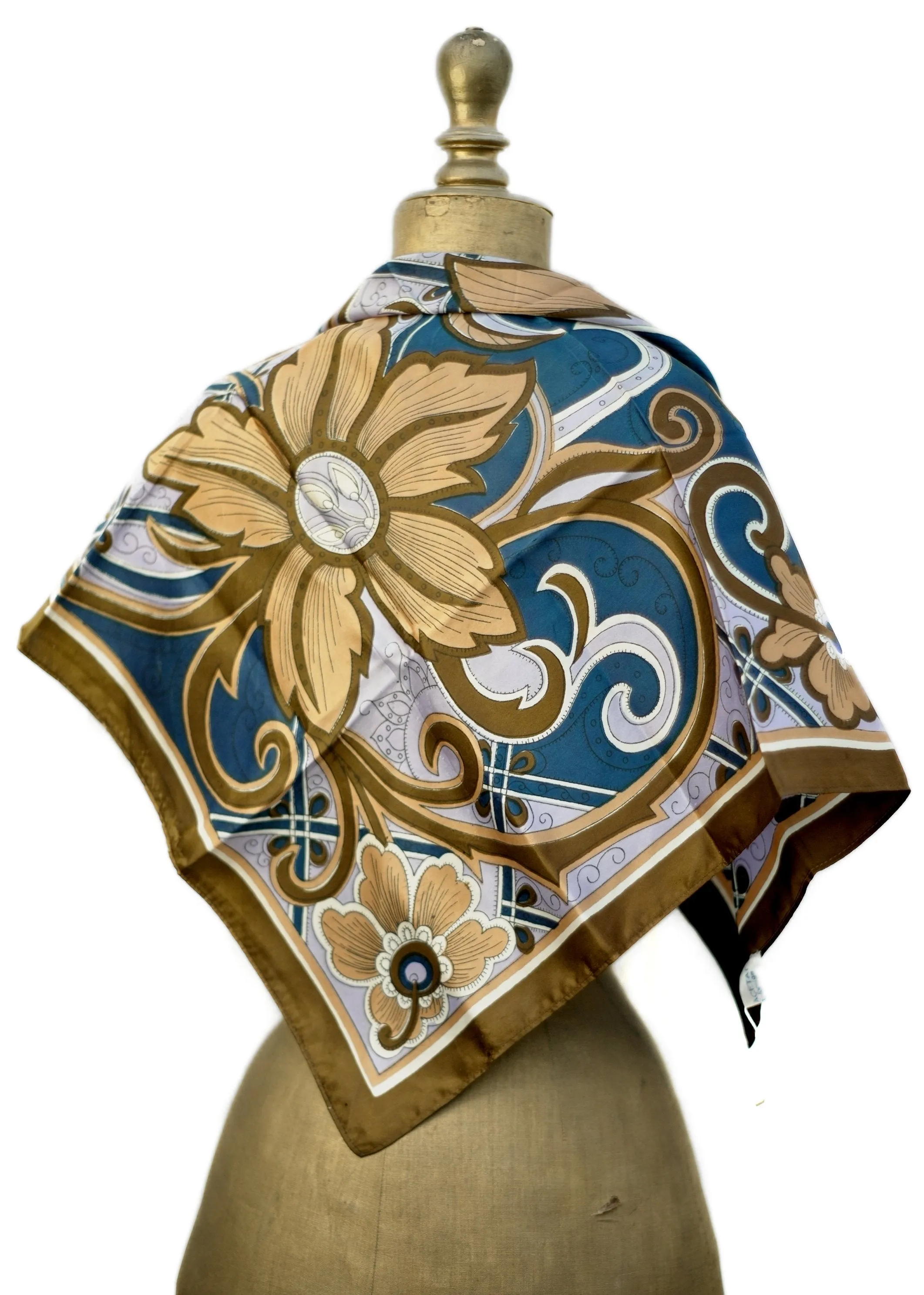 Shiny Brown and Blue Abstract Floral Vintage Scarf