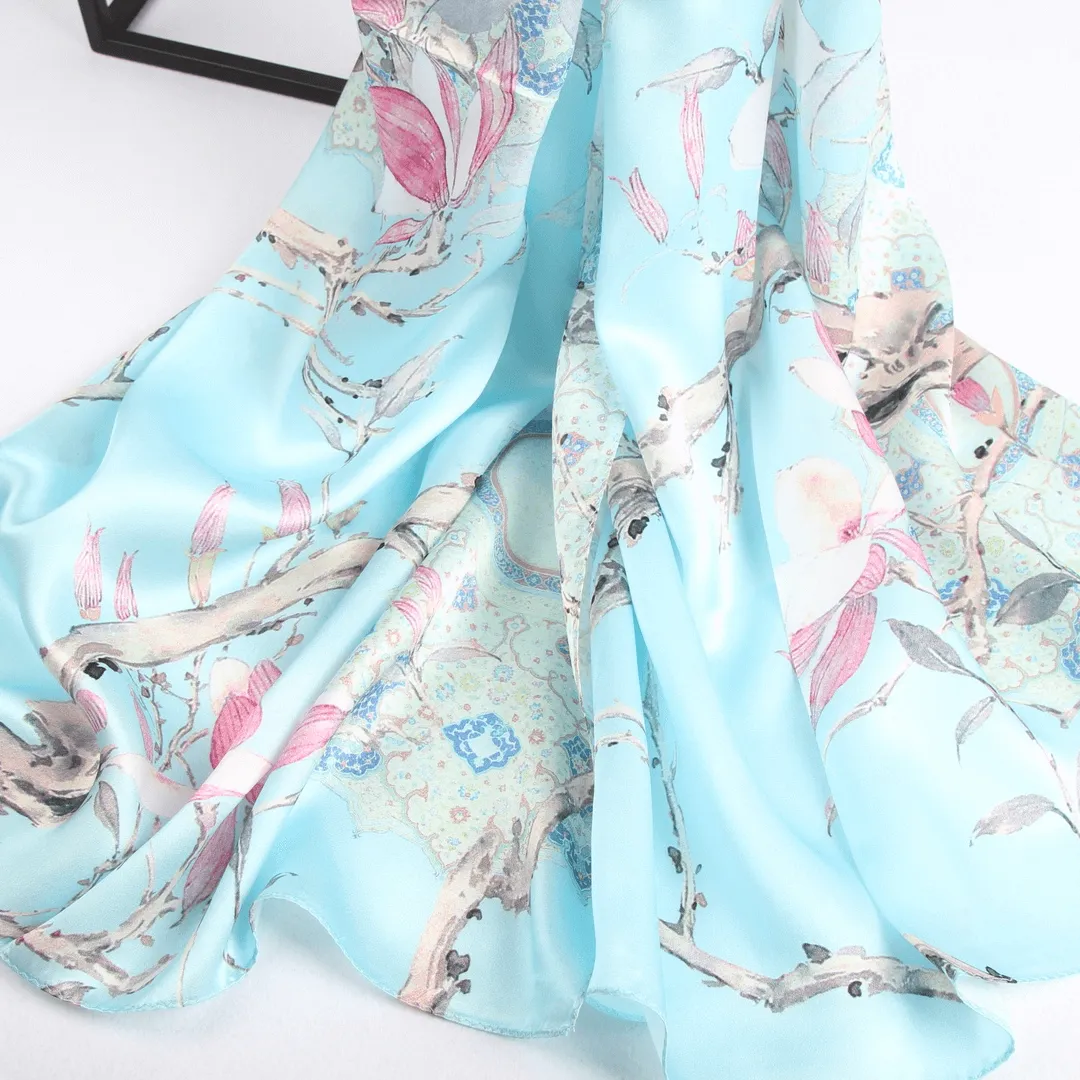 Silk Scarf Collections|Blossom Range|Magnolia Design|Blue|Long Silk Scarf