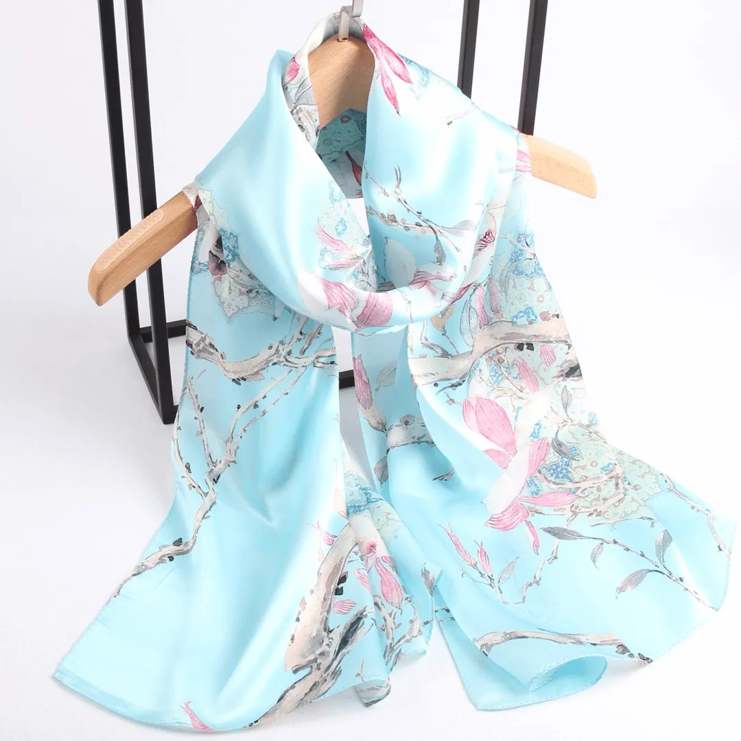 Silk Scarf Collections|Blossom Range|Magnolia Design|Blue|Long Silk Scarf