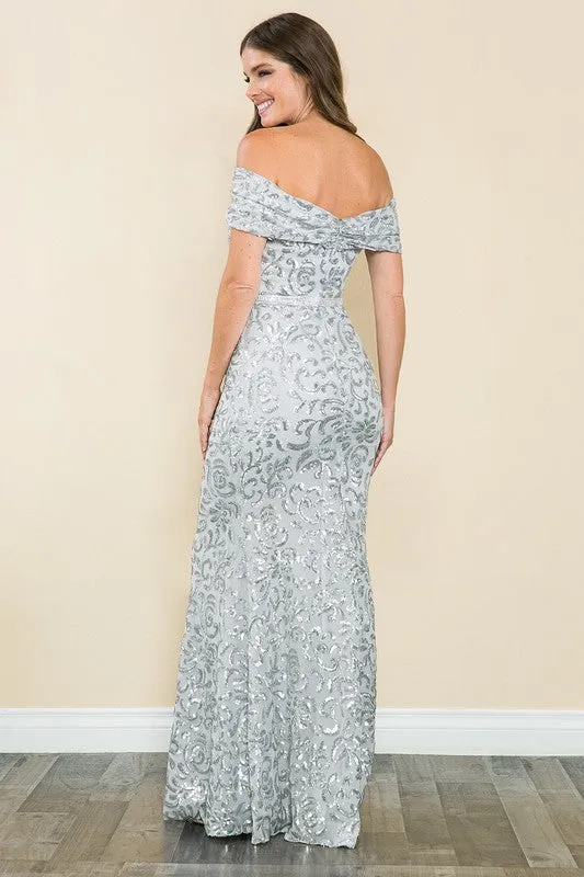 Silver Shoulder Sheer Paisley Sequin Formal Dress