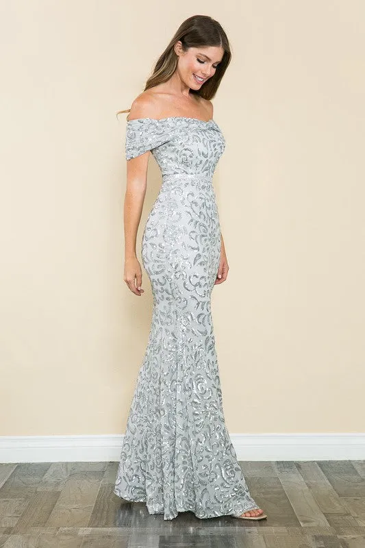 Silver Shoulder Sheer Paisley Sequin Formal Dress