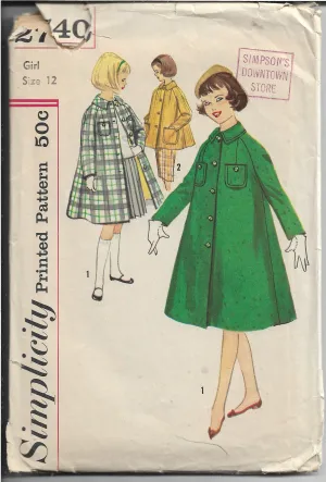 Simplicity 2740 Vintage Sewing Pattern 1950s Girls Coat