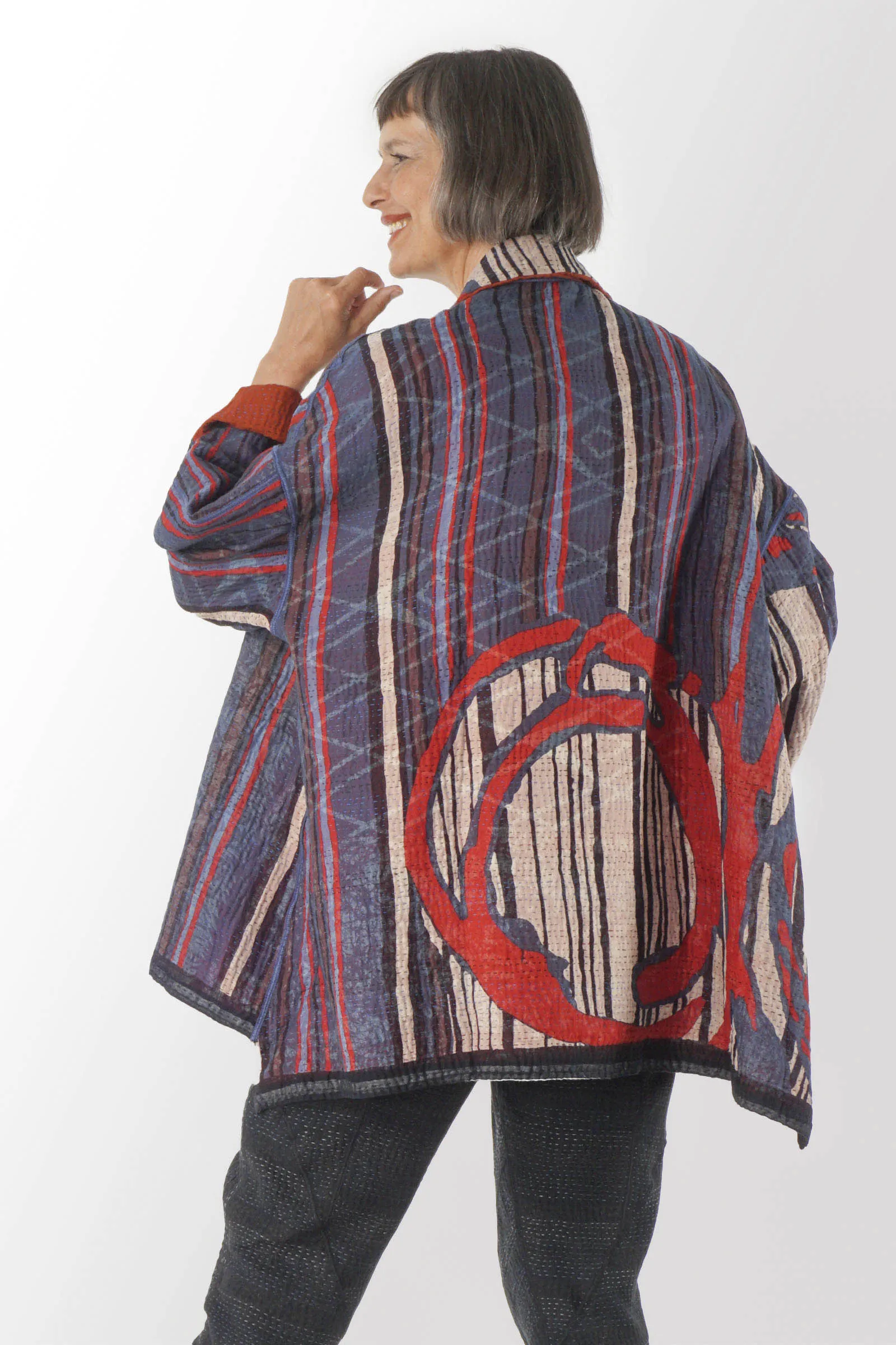 STRIPE AND BENDS KANTHA OVERSIZED MINI COAT - sb4332-red -