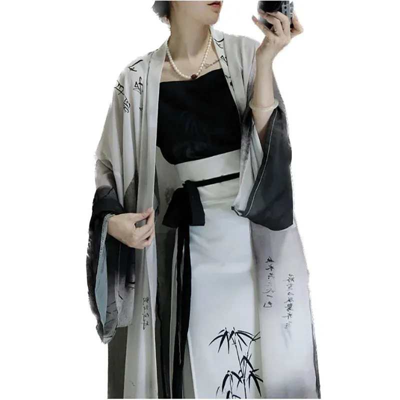 Summer Chinese Hanfu Dress 3pcs Improved Modern Style Traditional Bamboo Printed Cardigan Coat Top Skirt 3pcs Sets Hanfu Female