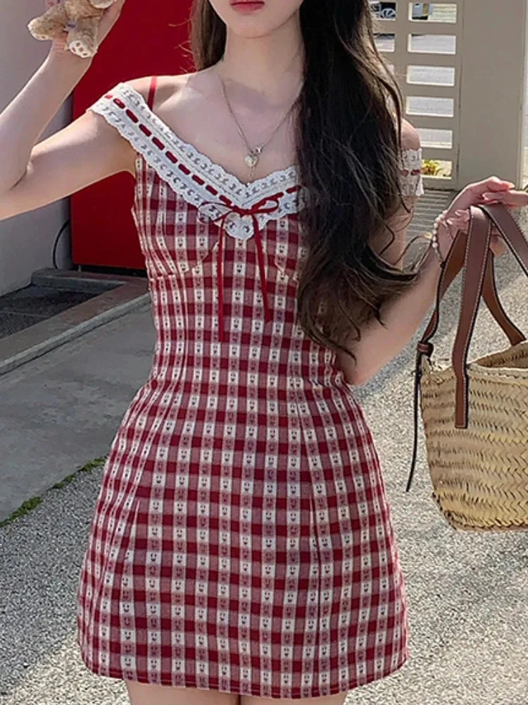 Sweet Plaid Strap Dress Women Spring New French Casual Y2K Lace Kawaii Dress Female Fairy Lace High Waist Cute Mini Dress