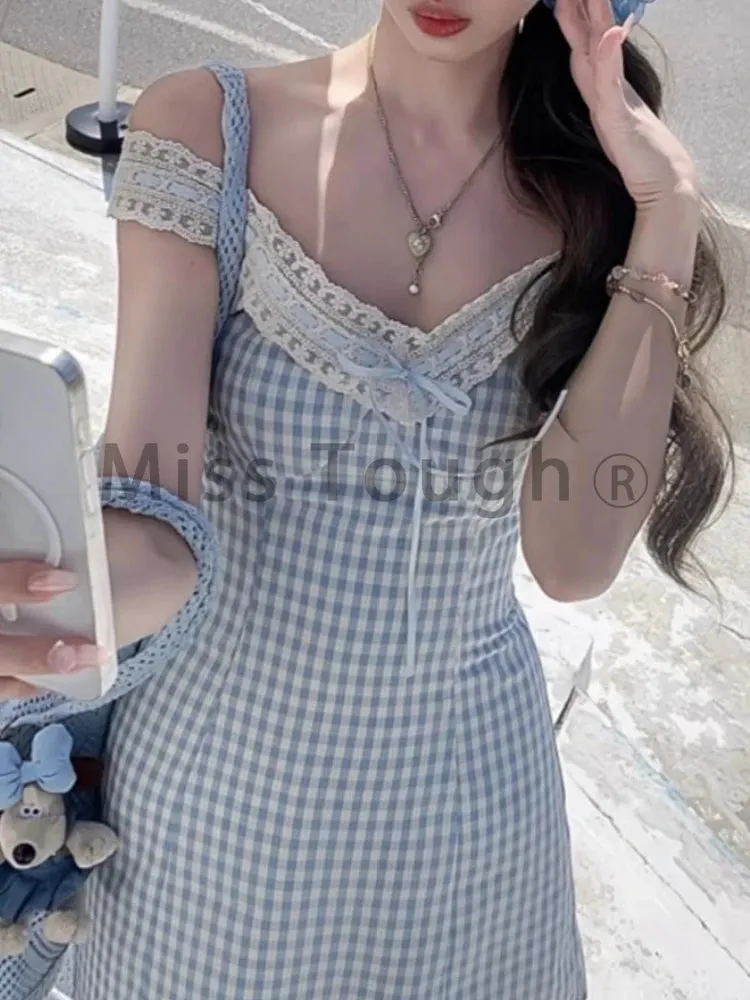 Sweet Plaid Strap Dress Women Spring New French Casual Y2K Lace Kawaii Dress Female Fairy Lace High Waist Cute Mini Dress