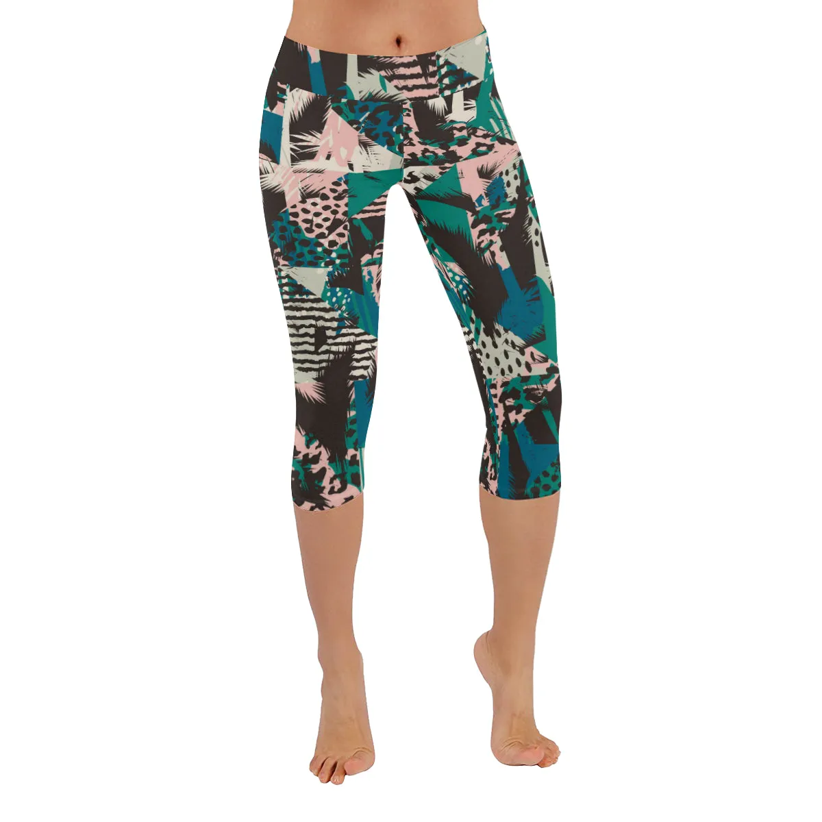 Trendy Seamless Exotic Pattern with Palm Animal Women's Low Rise Capri Leggings (Invisible Stitch)