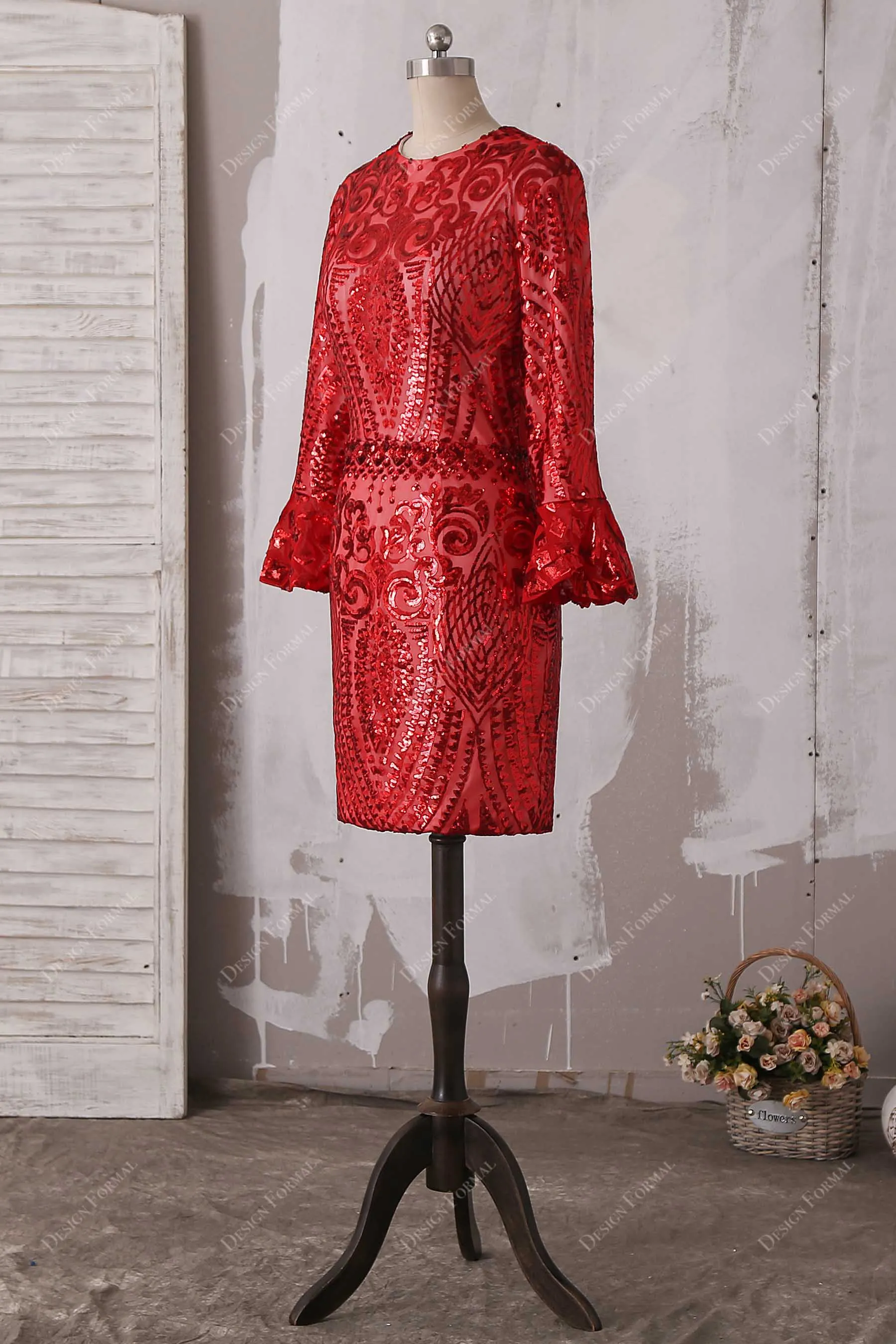 Unique Pattern Sequin Bell Sleeves Cocktail Dress