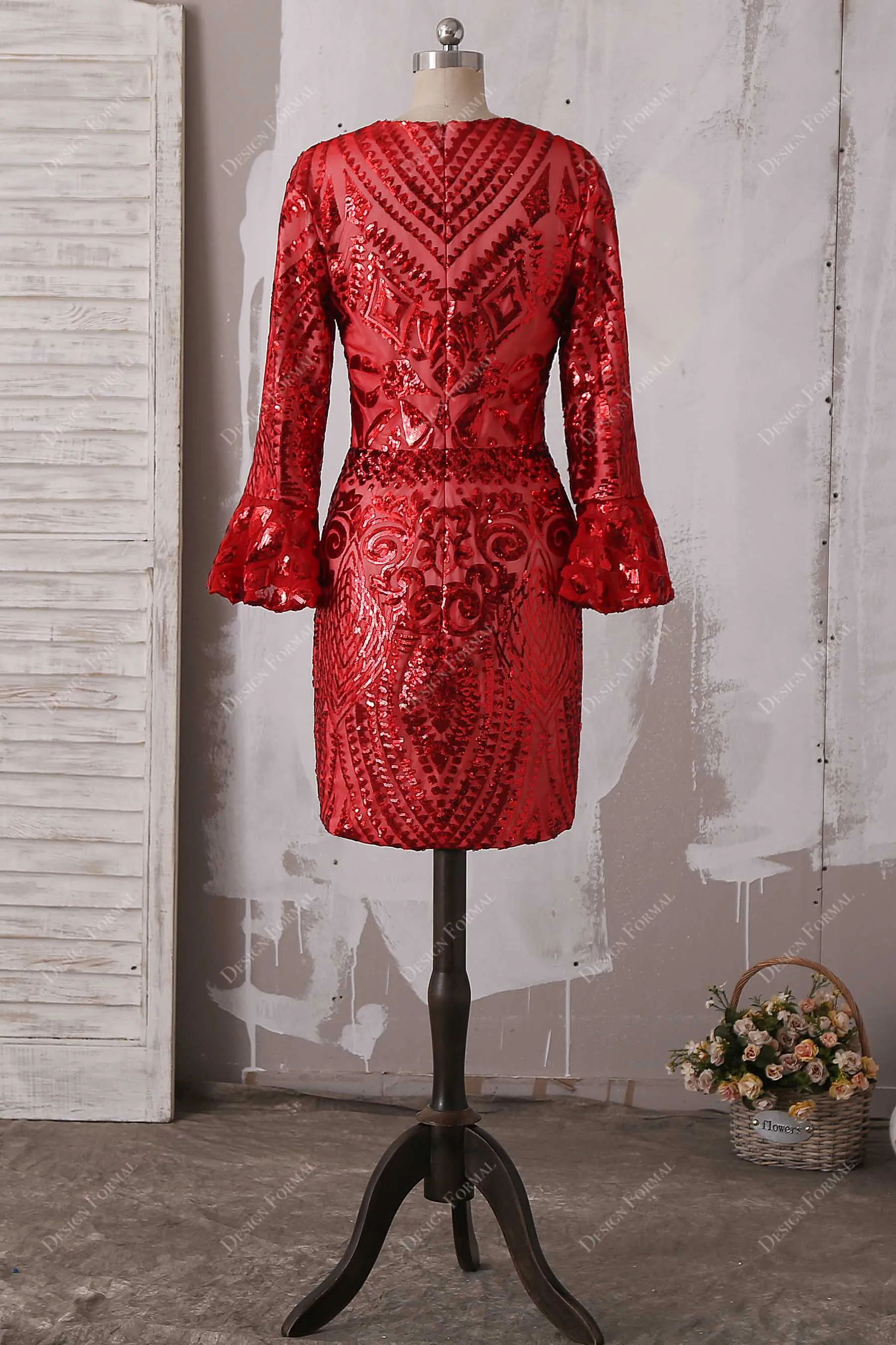 Unique Pattern Sequin Bell Sleeves Cocktail Dress