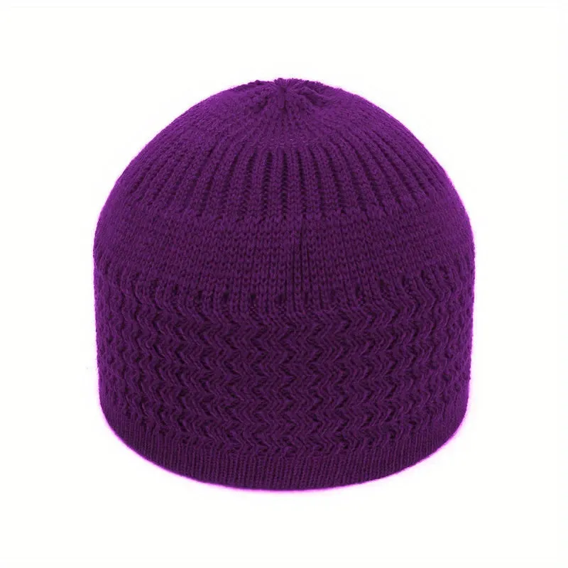 Unisex Acrylic Knitted Beanie Cap - Soft, Warm, Wavy Jacquard Dome Design - Ideal Gift for Spring and Autumn, Muslim Pullover Style, Casual Wear for Men and Women