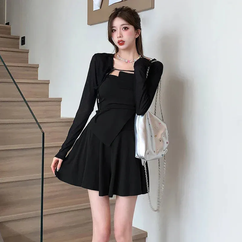 Uniwim-New Autumn Fashion Black Slim Mini Dress for Women Long Sleeved Sunscreen Cardigan Elegant Chic Office Lady Dresses Korean