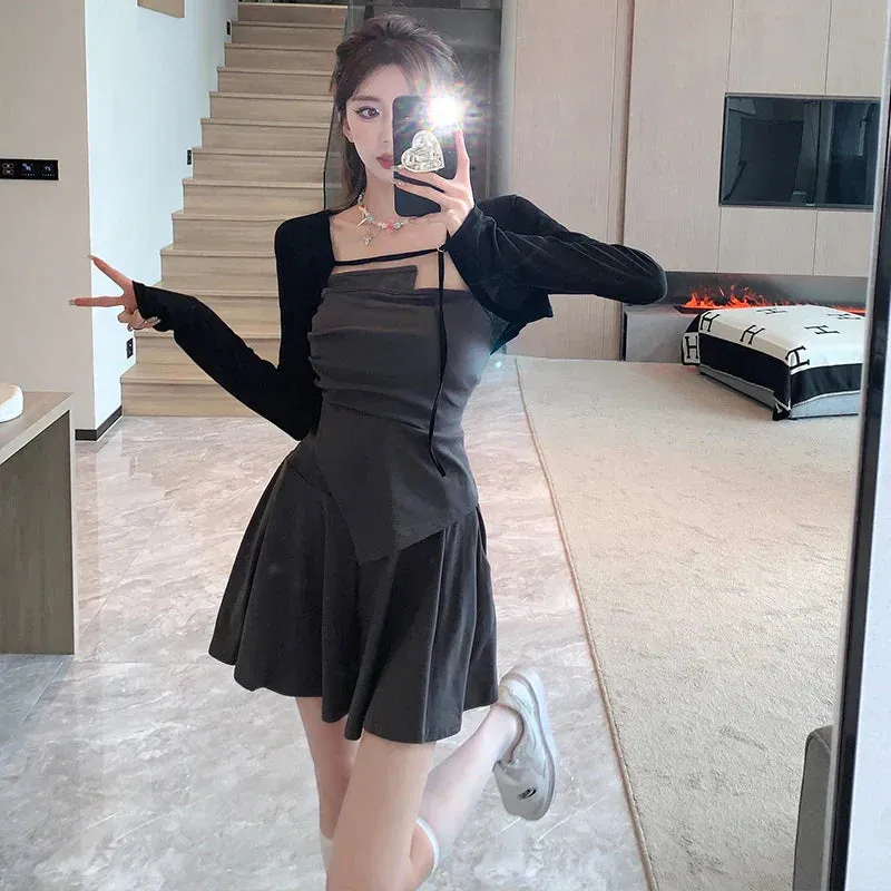 Uniwim-New Autumn Fashion Black Slim Mini Dress for Women Long Sleeved Sunscreen Cardigan Elegant Chic Office Lady Dresses Korean