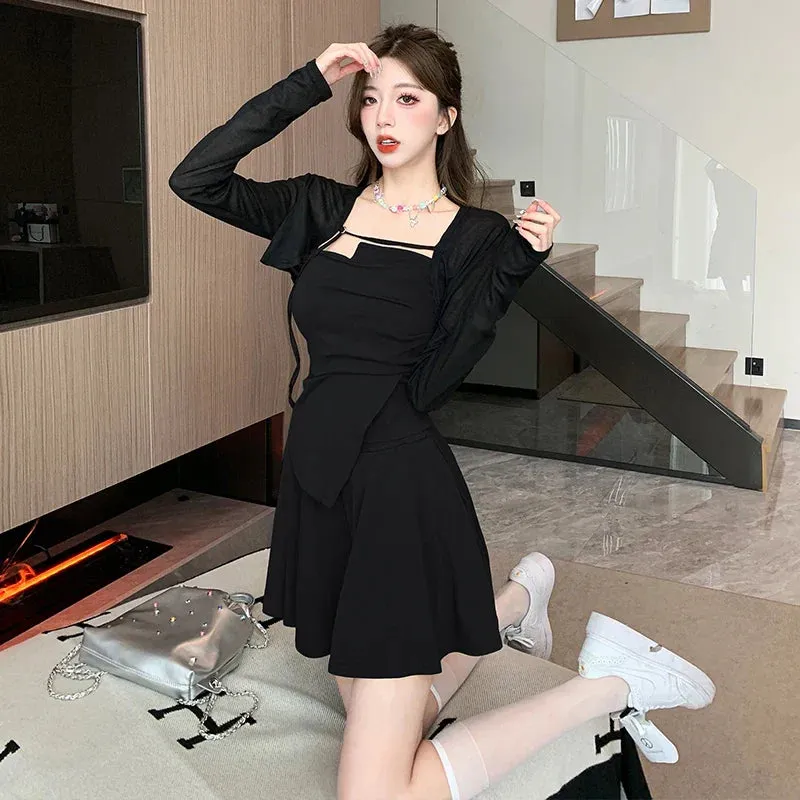 Uniwim-New Autumn Fashion Black Slim Mini Dress for Women Long Sleeved Sunscreen Cardigan Elegant Chic Office Lady Dresses Korean