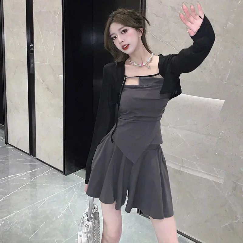 Uniwim-New Autumn Fashion Black Slim Mini Dress for Women Long Sleeved Sunscreen Cardigan Elegant Chic Office Lady Dresses Korean