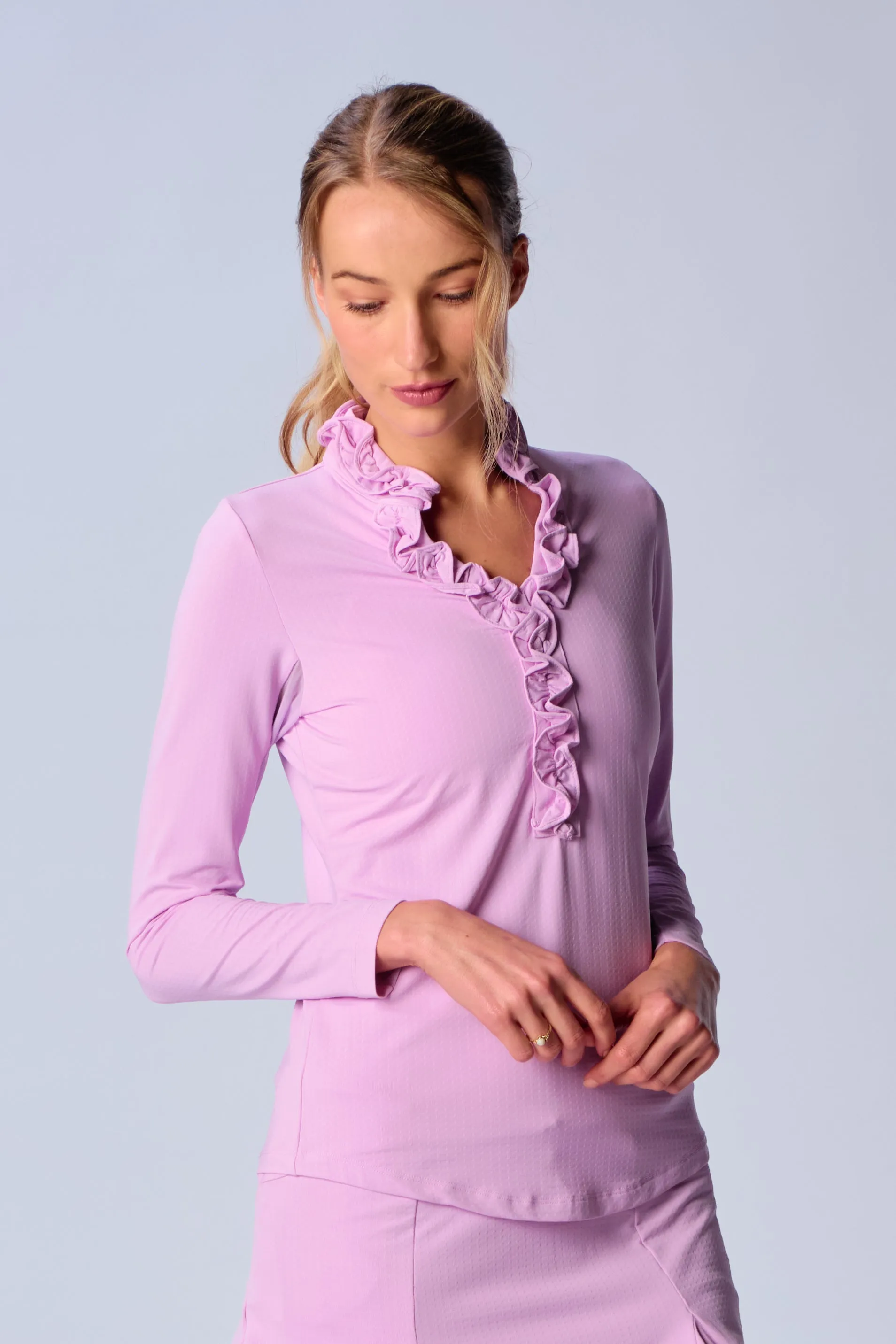 UPF 50  Ruffle V Neck Top In Lavender