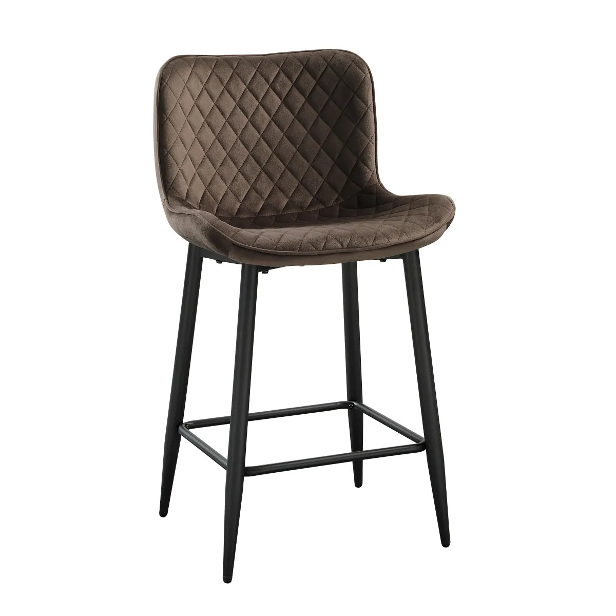 Velvet Brown Quilted Counter Height Chair with Black Metal Base