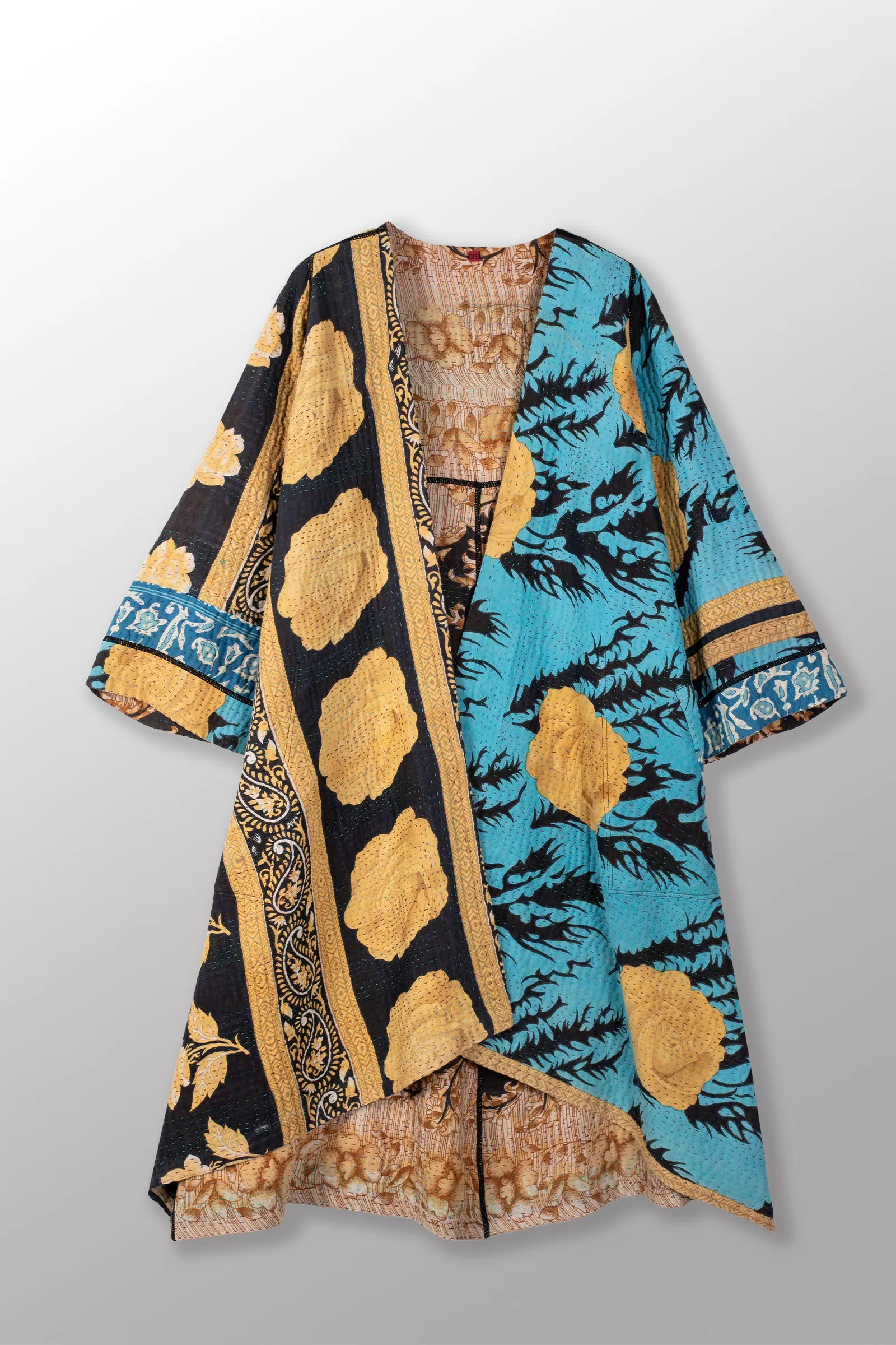 VINTAGE COTTON KANTHA WRAP FLARE COAT - cv4330-0018a -