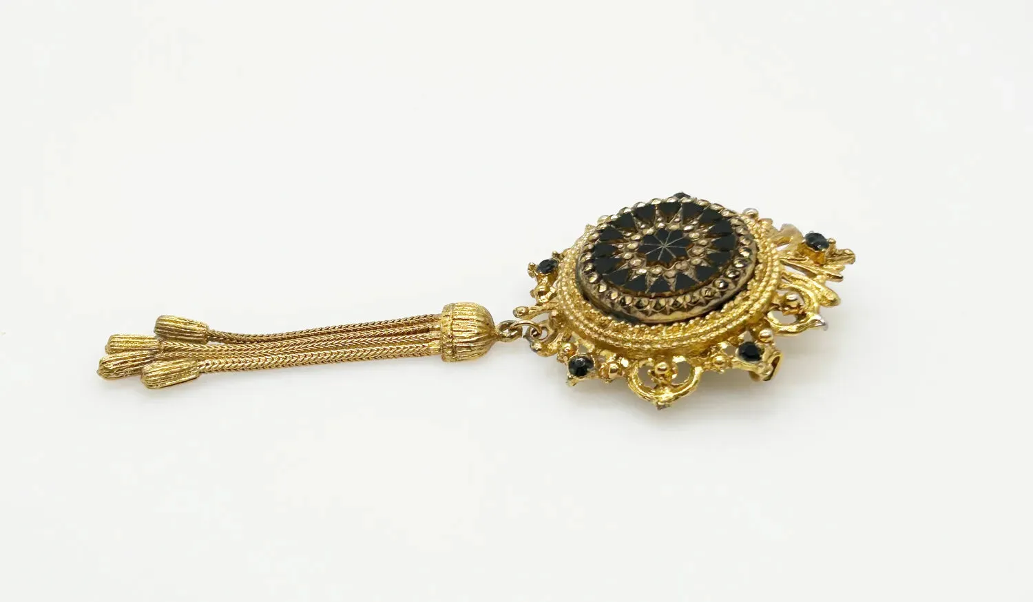 Vintage Denise Moroccan Style Gold Tone and Carved Black Glass Brooch