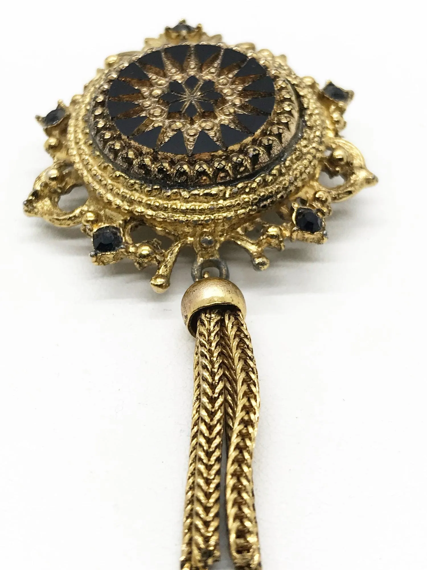 Vintage Denise Moroccan Style Gold Tone and Carved Black Glass Brooch