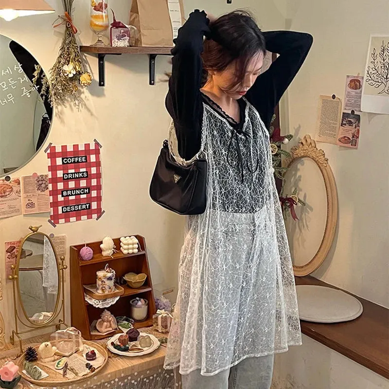 Vintage Lace Dress Women Y2K Sheer Spaghetti Strap A Line Dresses Streetwear Korean Sleeveless Chic Midi Sundress Vestidos