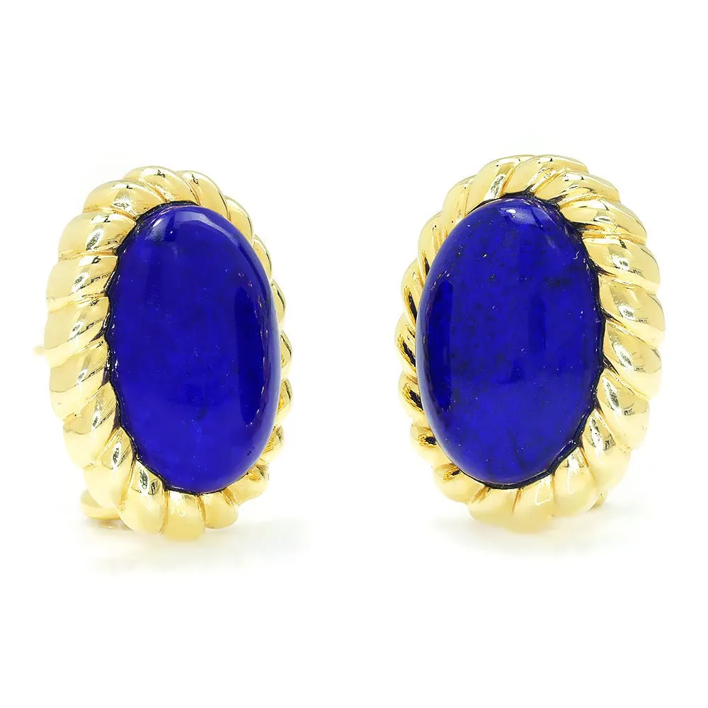 Vintage Lapis Lazuli Oval Ribbed Earrings Yellow Gold