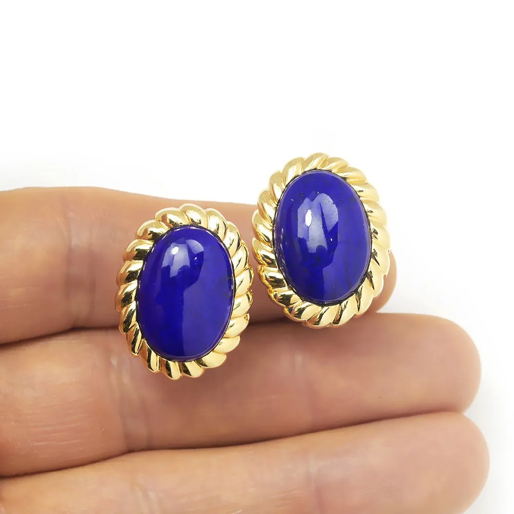 Vintage Lapis Lazuli Oval Ribbed Earrings Yellow Gold