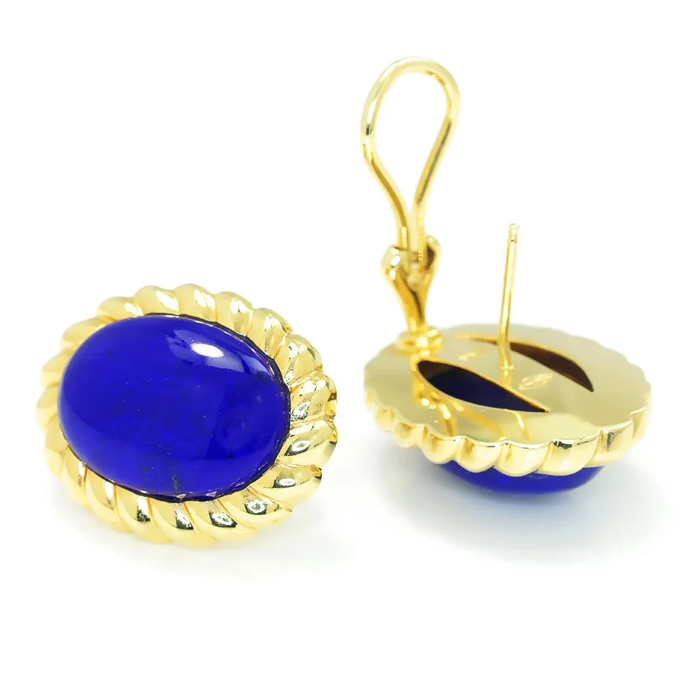 Vintage Lapis Lazuli Oval Ribbed Earrings Yellow Gold