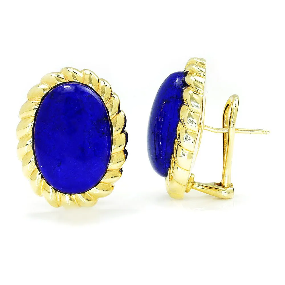 Vintage Lapis Lazuli Oval Ribbed Earrings Yellow Gold