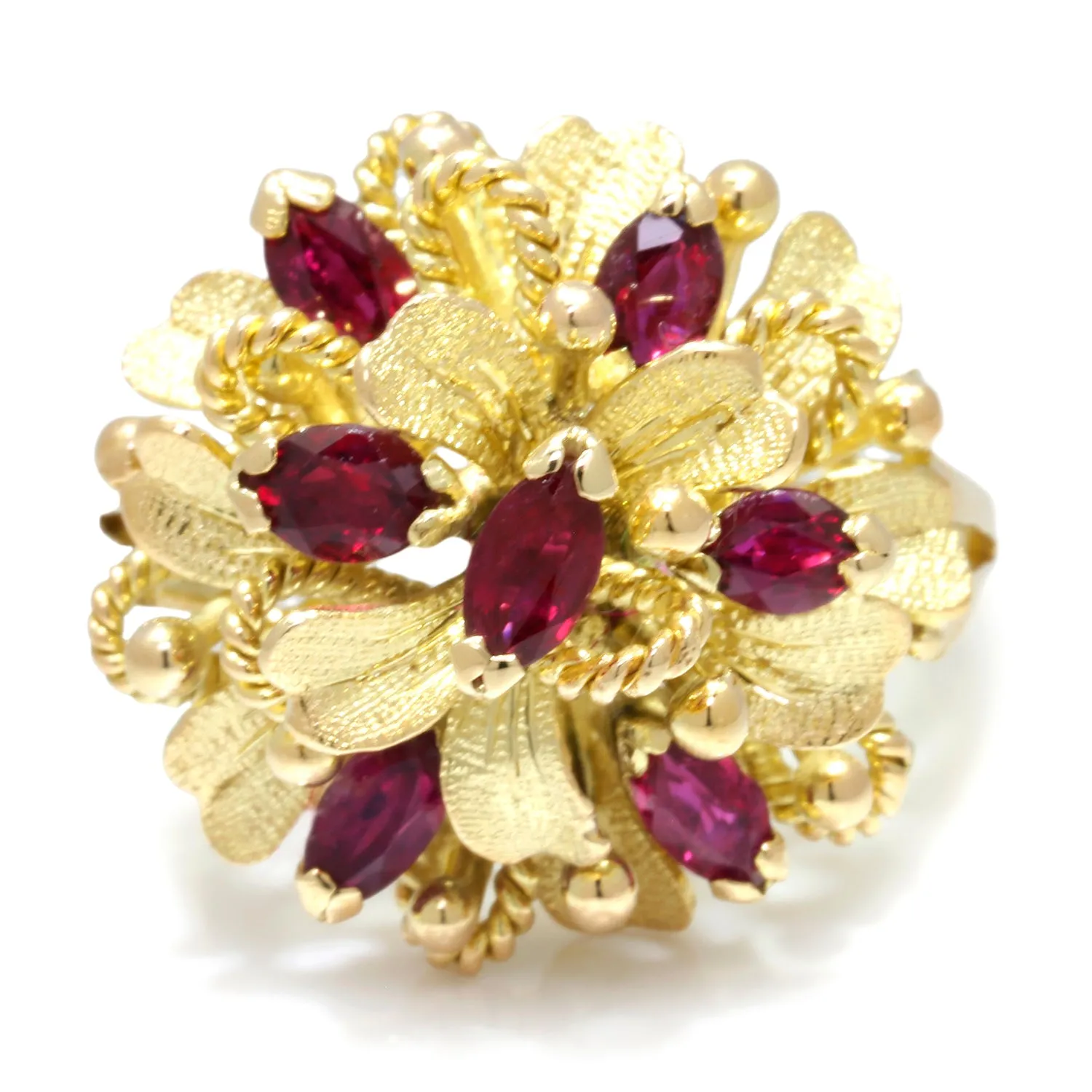 Vintage Ruby Flower Rope Ring 14K Yellow Gold 1.40ctw