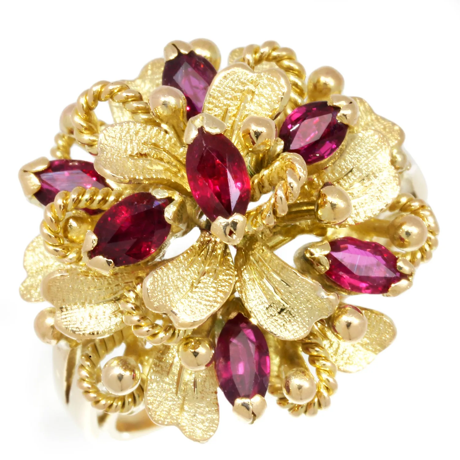 Vintage Ruby Flower Rope Ring 14K Yellow Gold 1.40ctw